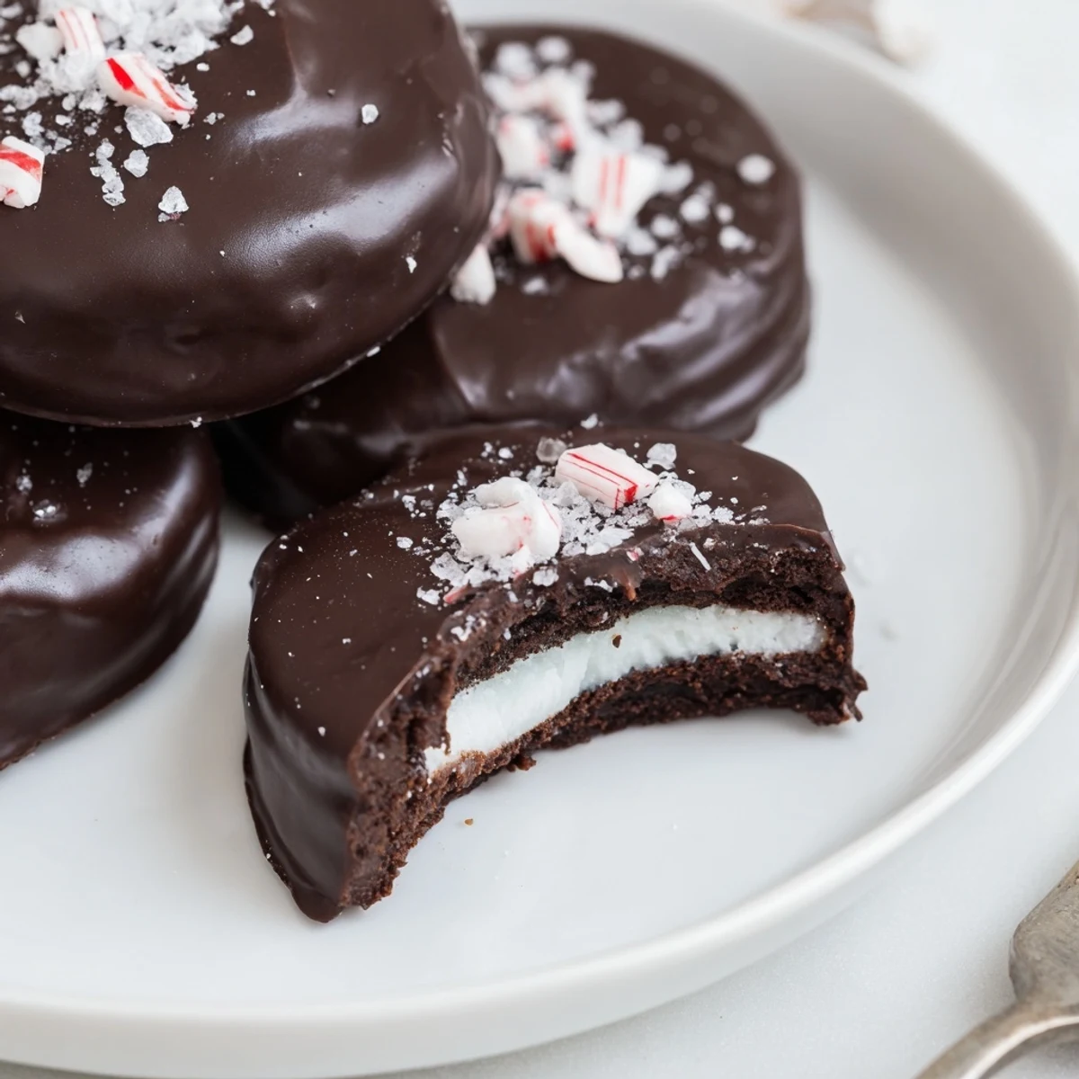 Homemade Peppermint Patties with glossy dark chocolate, chilled on parchment.