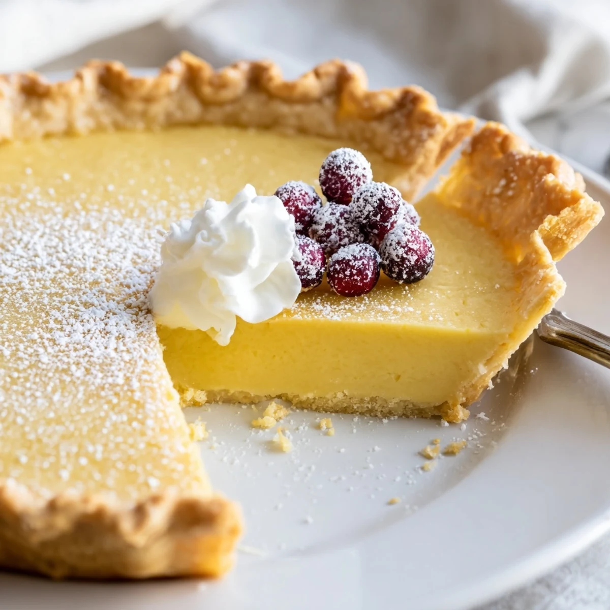 Warm Christmas Eve Custard Pie With Cinnamon Vanilla, silky filling topped with powdered sugar