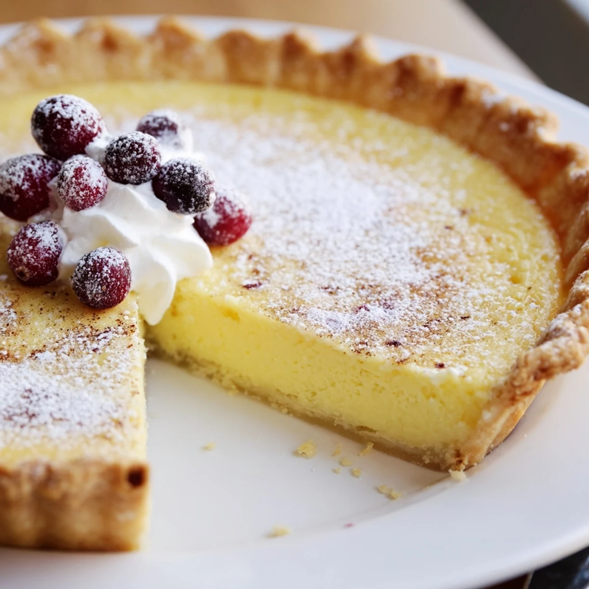Slices of Christmas Eve Custard Pie With Cinnamon Vanilla on a wire rack, cooling