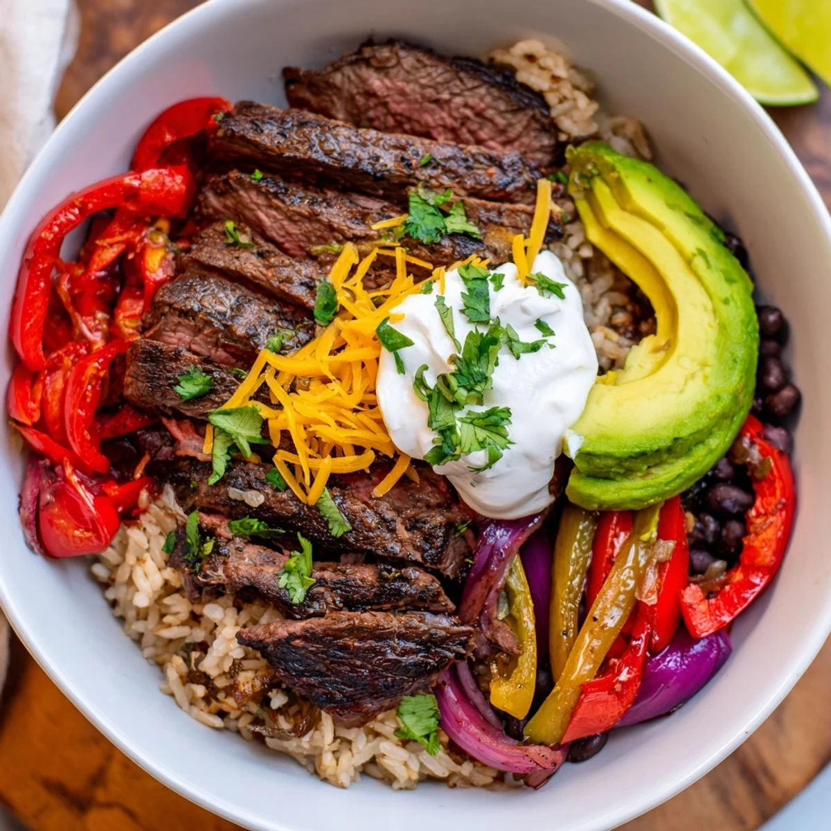 Colorful Steak Fajita Power Bowls served warm over brown rice with lime