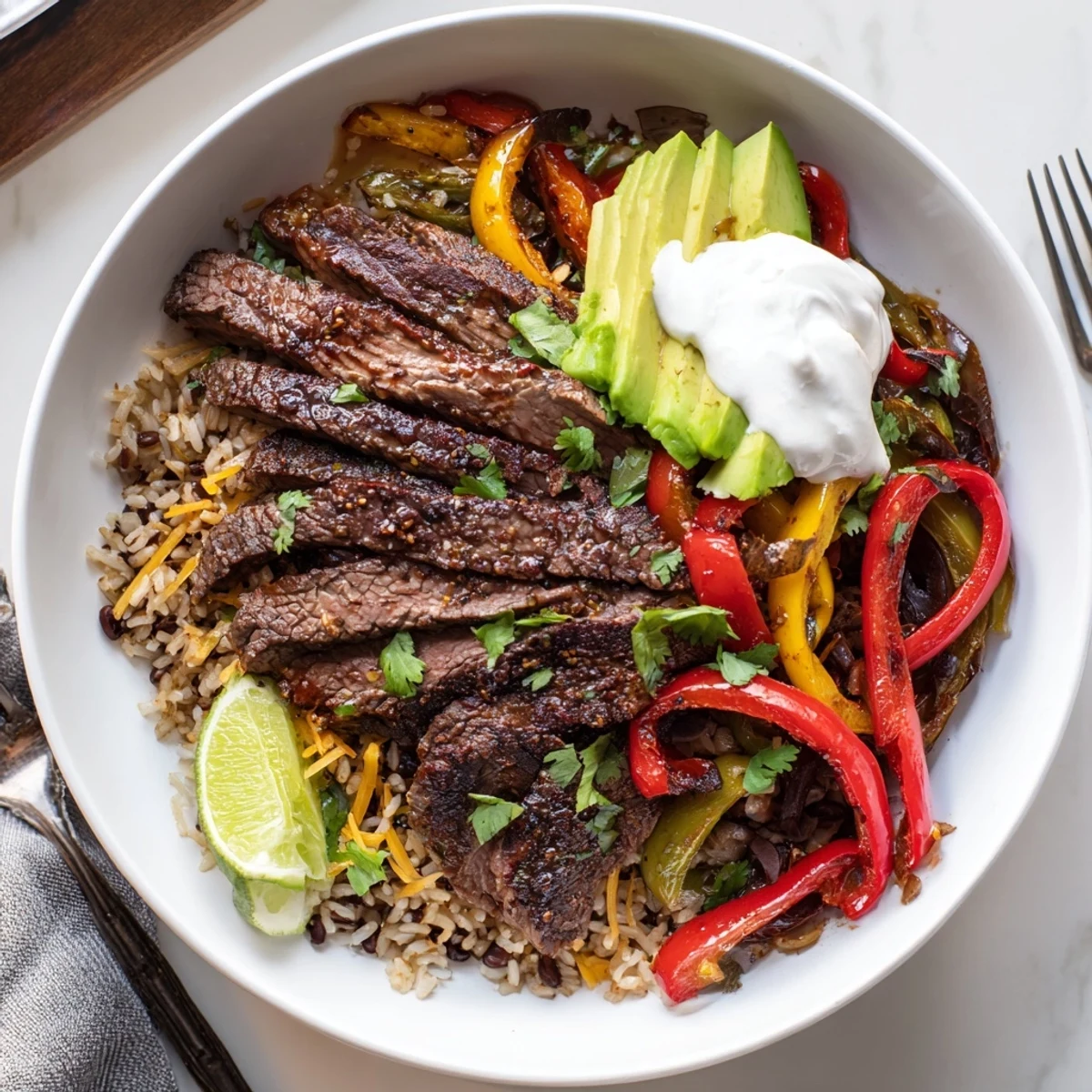 Hearty Steak Fajita Power Bowls topped with melted cheddar, cilantro, lime wedge