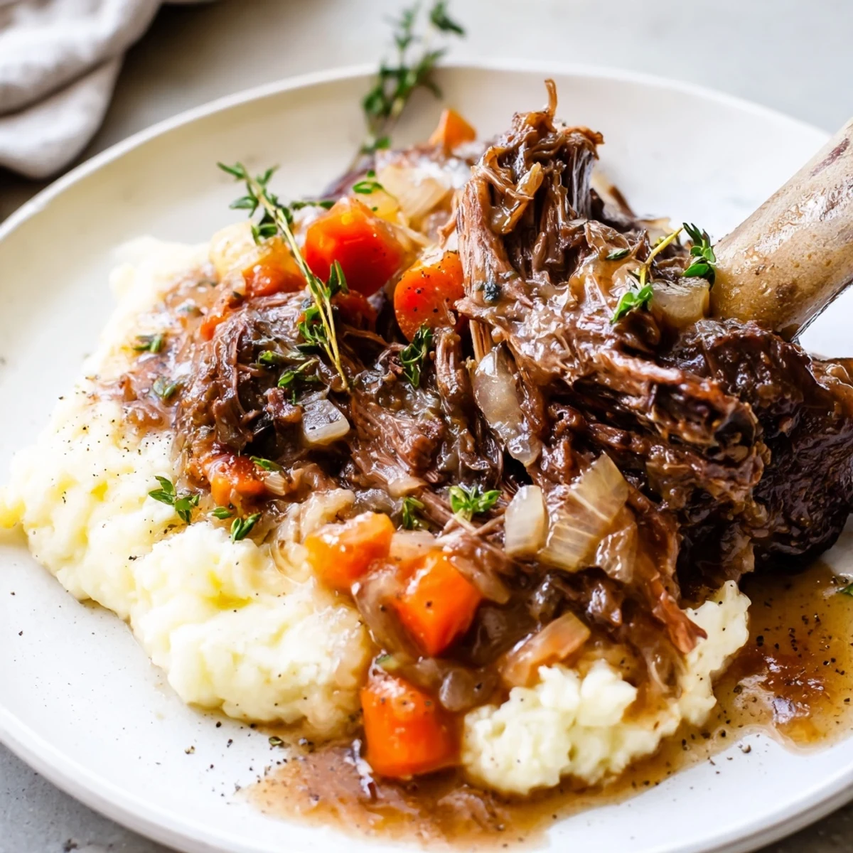 Slow Cooker Beef Short Ribs glistening in rich sauce over mashed potatoes