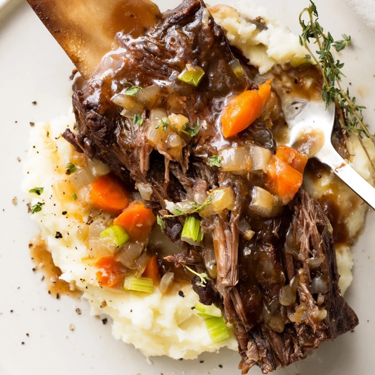 Hearty Slow Cooker Beef Short Ribs bathing in glossy red-wine sauce with bread