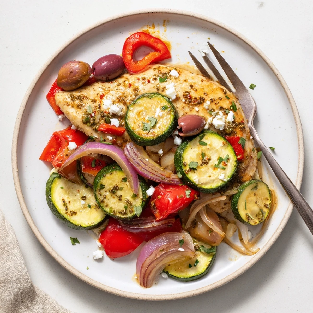 Sheet Pan Mediterranean Chicken Zucchini sizzling with golden slices and roasted cherry tomatoes