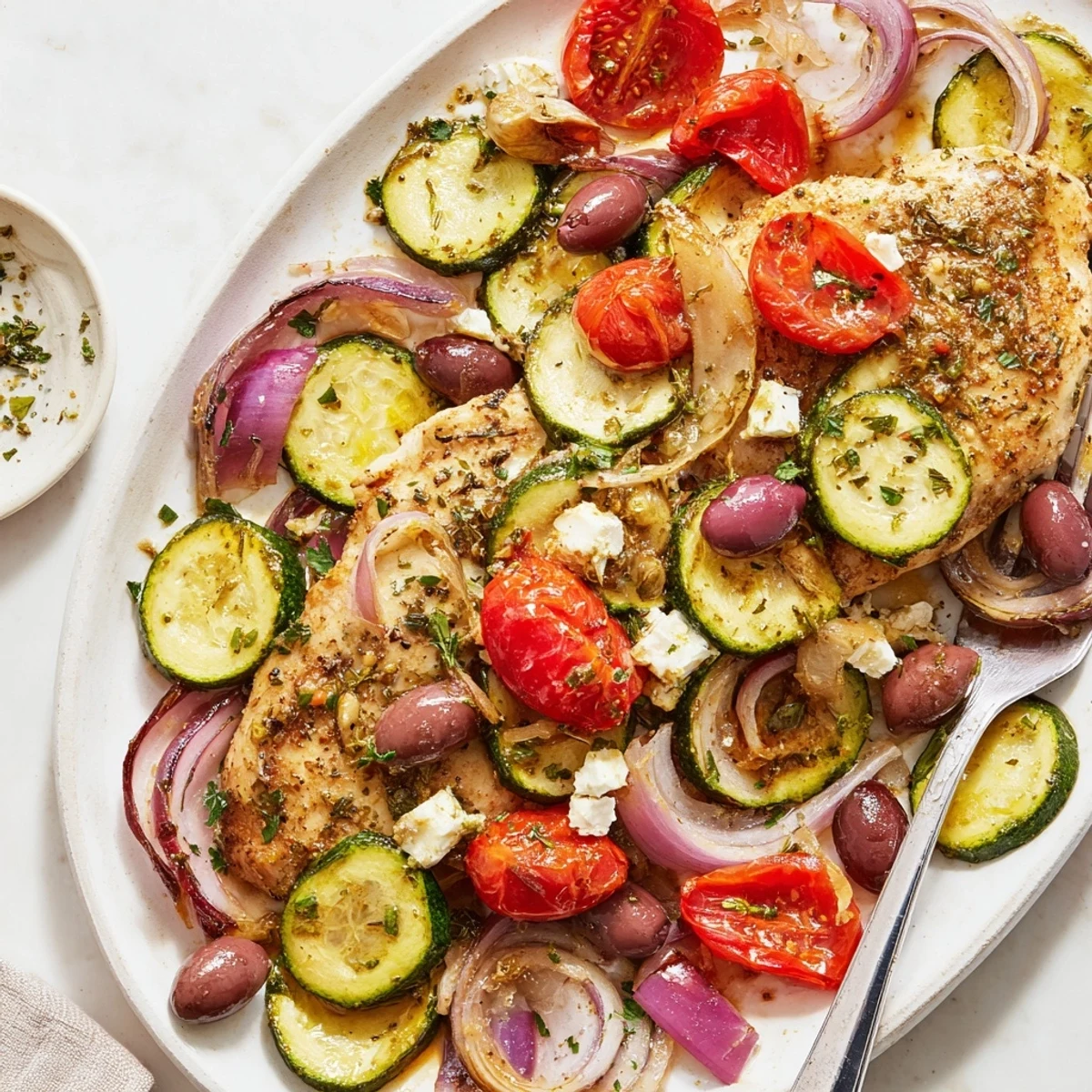 Bright Sheet Pan Mediterranean Chicken Zucchini fragrant with lemon, oregano, olives, and parsley