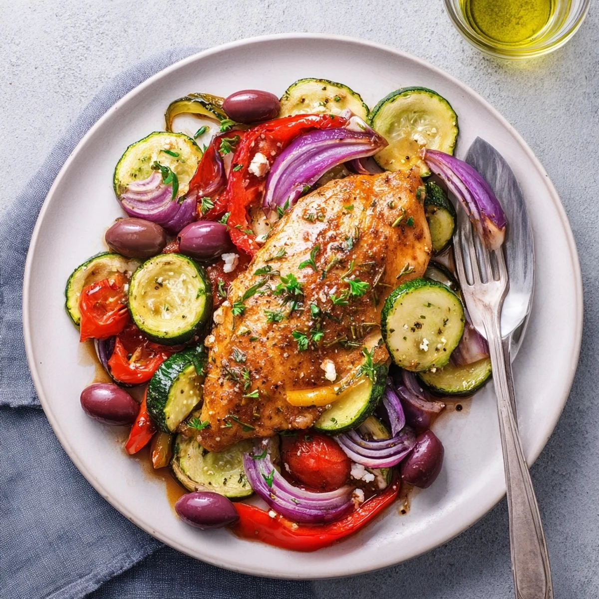 Warm Sheet Pan Mediterranean Chicken Zucchini served straight from oven with crumbled feta