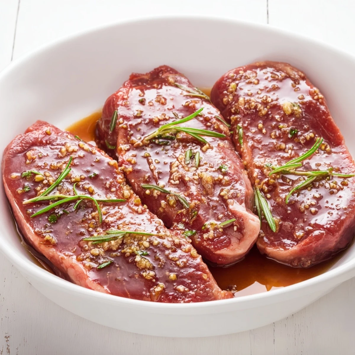 Steak Marinade glistening on raw ribeyes, garlicky aroma and herb flecks
