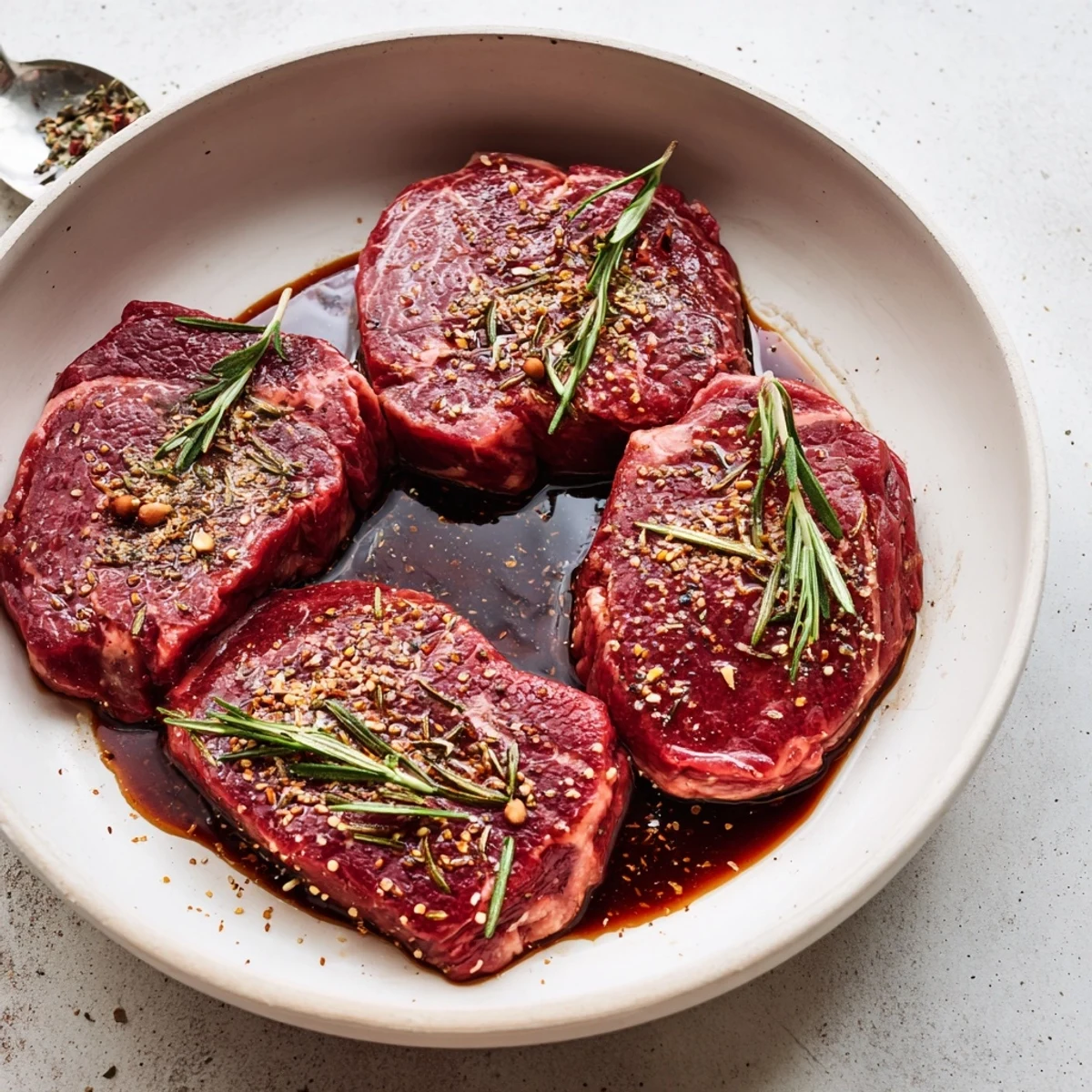 Grilled-ready steaks after Steak Marinade soak, glossy, tangy, ready for searing