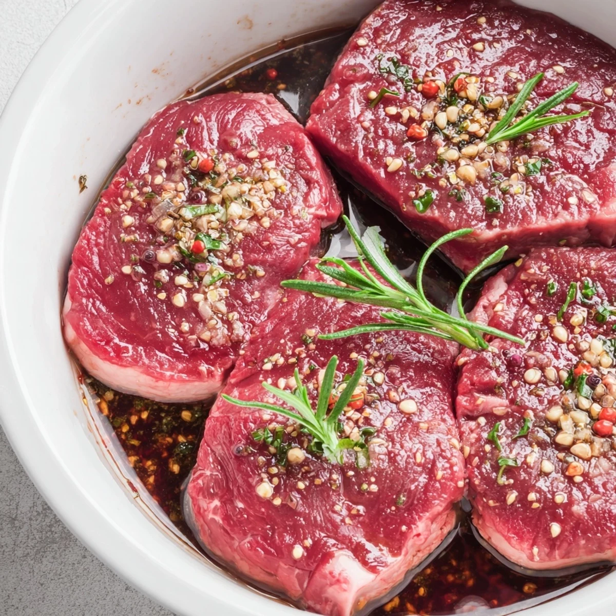 Bowl of Steak Marinade whisked with olive oil, lemon, and rosemary