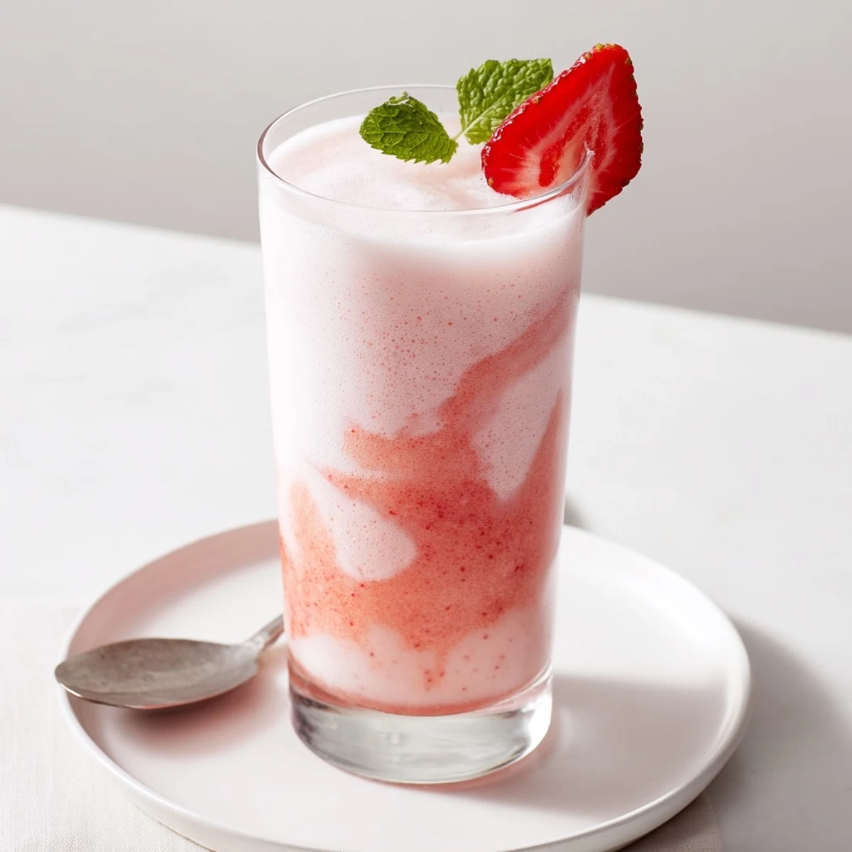 Frothy pink refreshment, Strawberry Coconut Cooler Recipe garnished with mint and strawberry