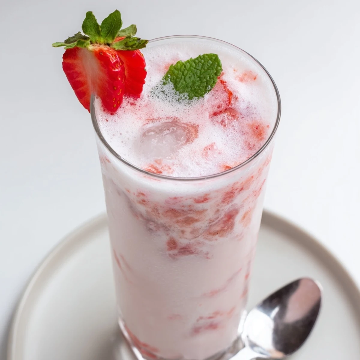 Strawberry Coconut Cooler Recipe poured over crushed ice, fragrant coconut and strawberry