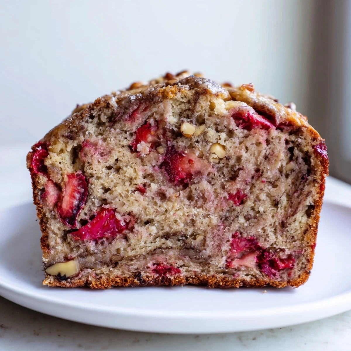 Moist, fragrant Strawberry Banana Bread Recipe cooling on wire rack, sliced