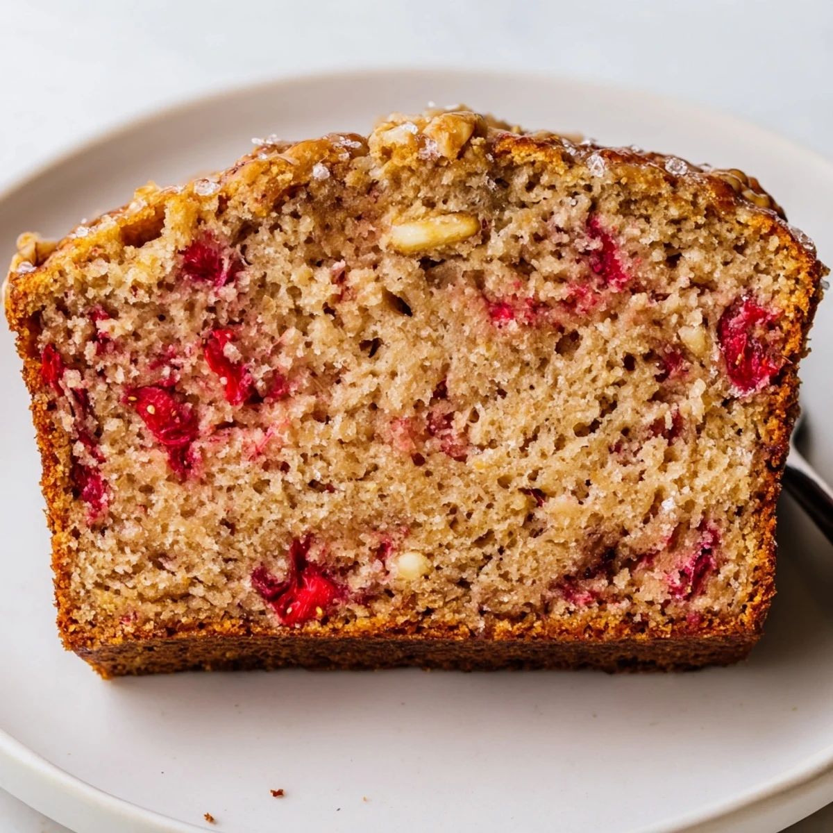 Golden-crusted Strawberry Banana Bread Recipe studded with diced strawberries, butter melting