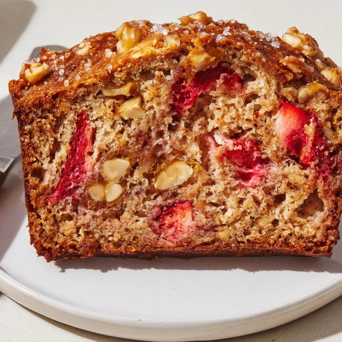 Homestyle Strawberry Banana Bread Recipe served warm with honey drizzle, nutty crumbs