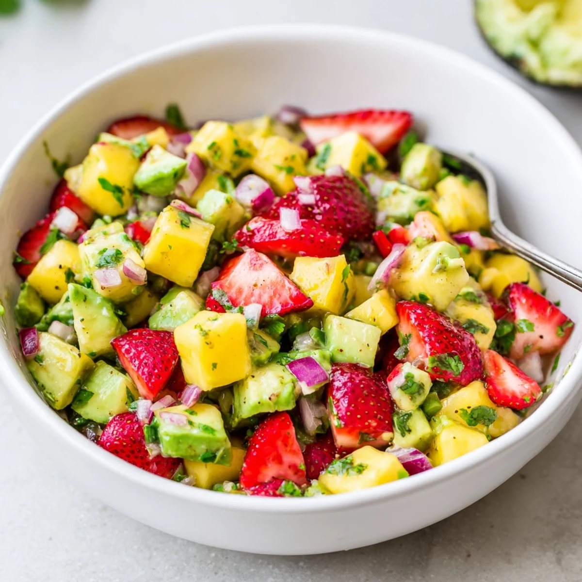 Gorgeous Avocado Strawberry Mango Salsa piled on tortilla chips, bright citrusy aroma
