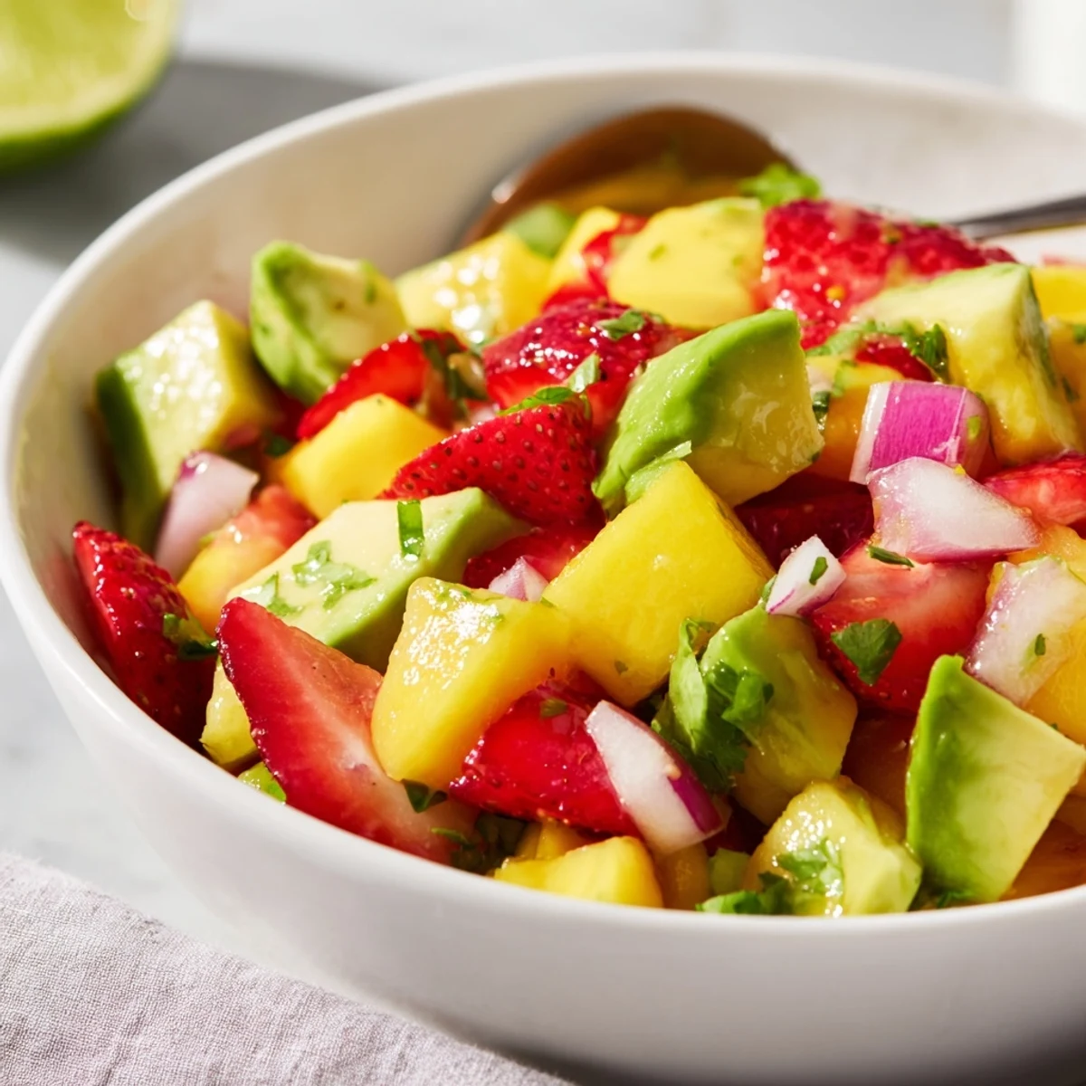 Bowl of Gorgeous Avocado Strawberry Mango Salsa with cilantro, creamy fruit contrast