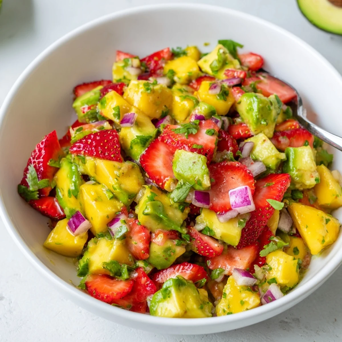Serve Gorgeous Avocado Strawberry Mango Salsa atop grilled fish; sweet, tangy, colorful