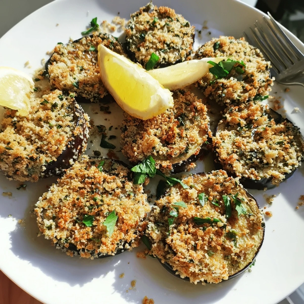 Golden Garlic Herb Crusted Eggplant Slices, crisped in oven, garnished with parsley