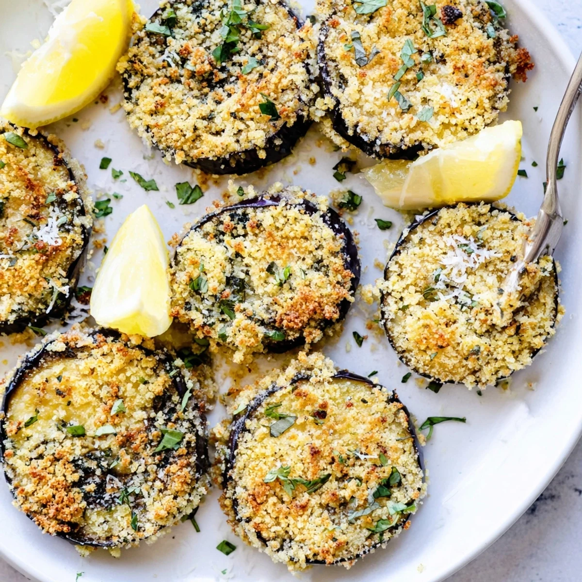 Crispy Garlic Herb Crusted Eggplant Slices served hot with tangy marinara dip