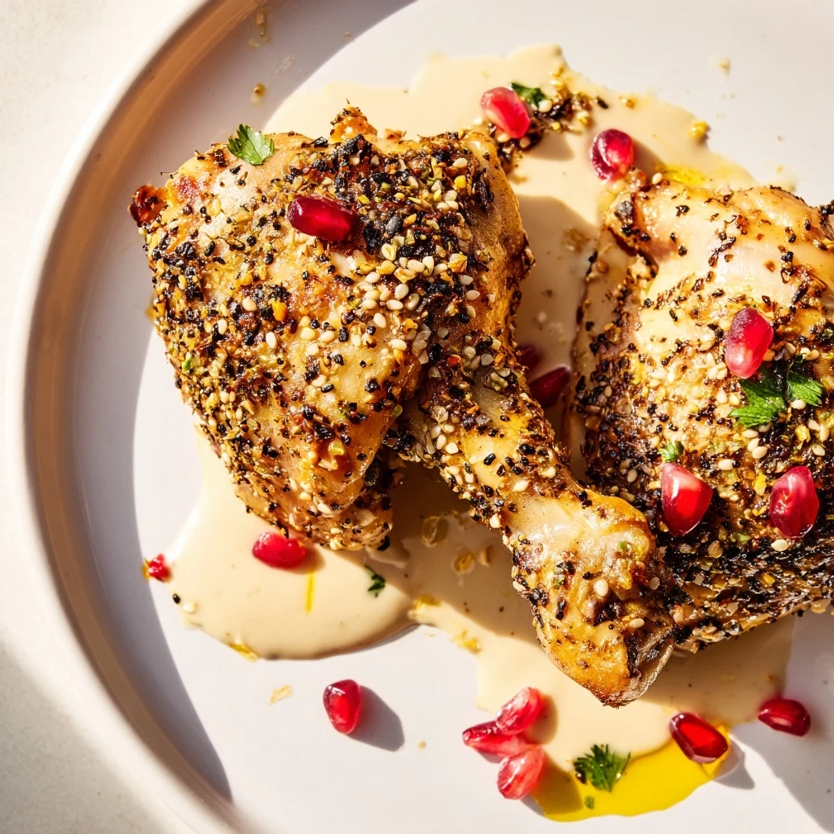 Juicy Zaatar Chicken with Tahini, roasted golden, drizzled with creamy tahini sauce