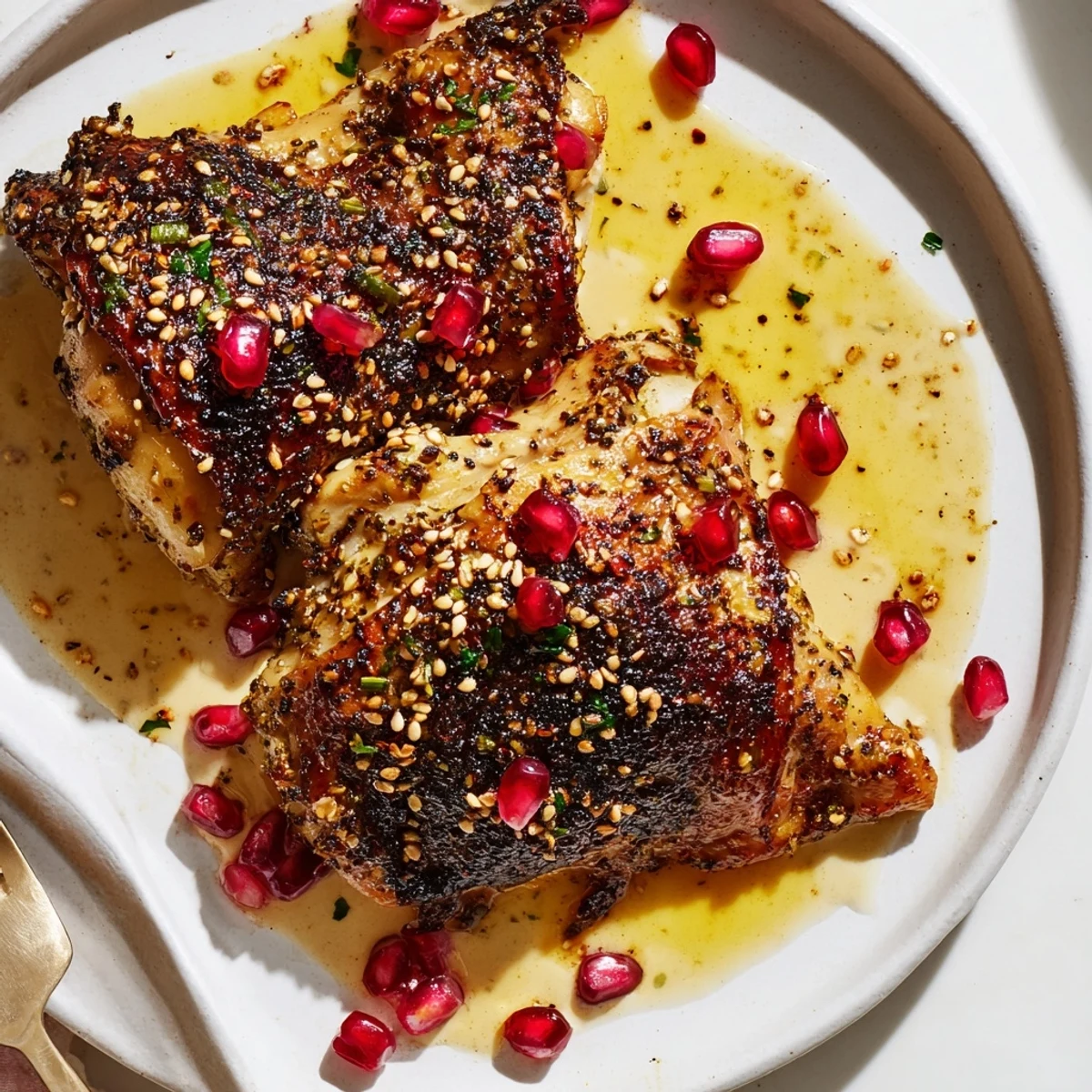 Baked Juicy Zaatar Chicken with Tahini, crispy skin, lemony aroma and parsley