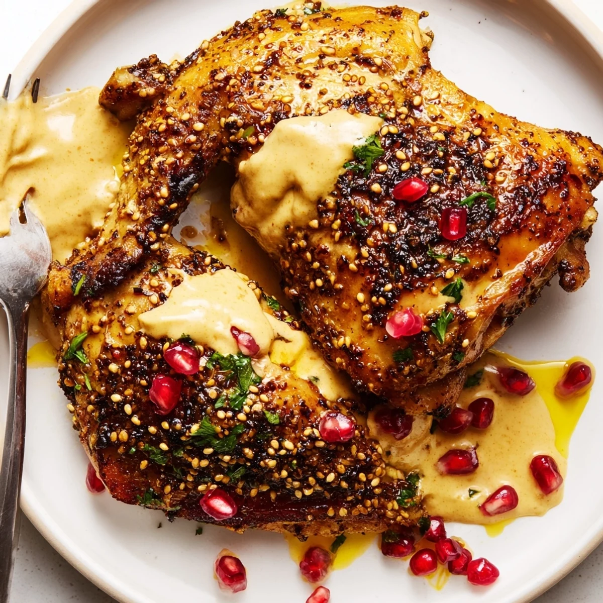 Family-style Juicy Zaatar Chicken with Tahini served over rice, pomegranate seeds