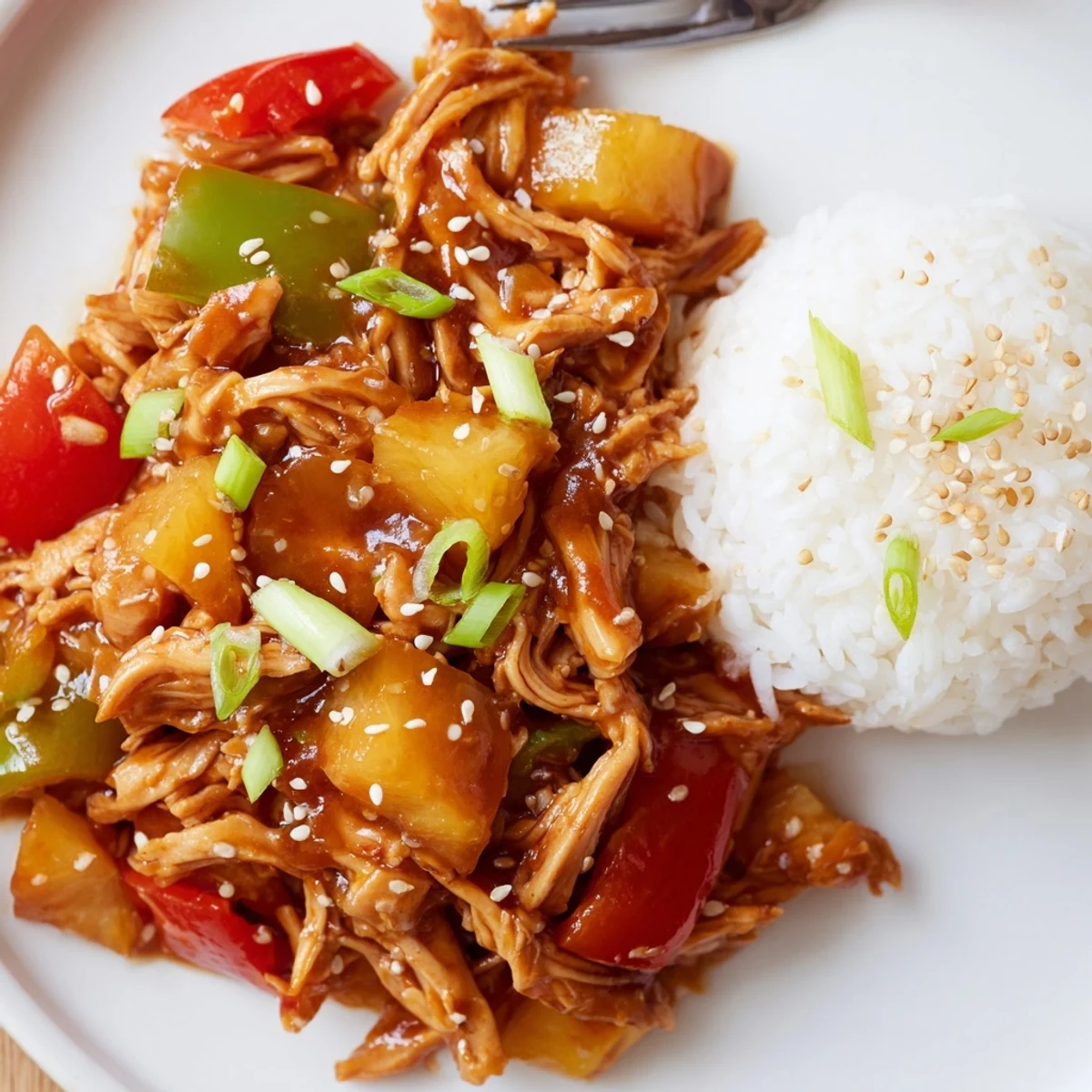 Sweet Hawaiian Crockpot Chicken glazed with pineapple sauce, tender thighs over rice.