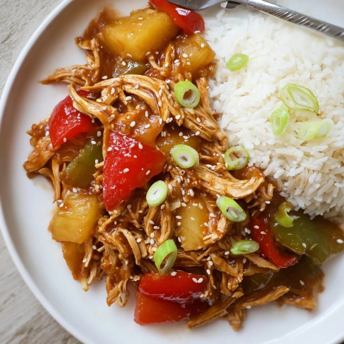 Slow-simmered Sweet Hawaiian Crockpot Chicken with caramelized onions and sesame garnish.