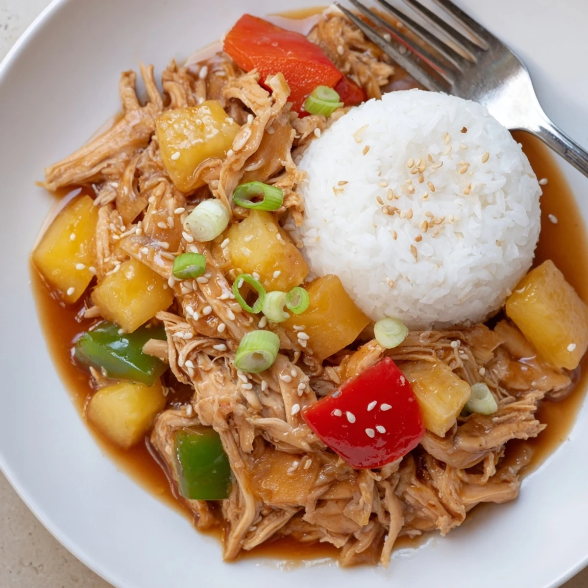 Aromatic Sweet Hawaiian Crockpot Chicken shredded in sauce, bright scallions steaming.