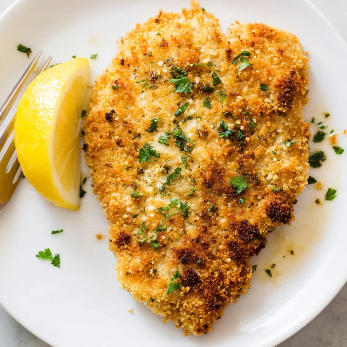 Pan-fried Chicken Romano Cutlets with golden crust, buttery aroma, lemon wedges.