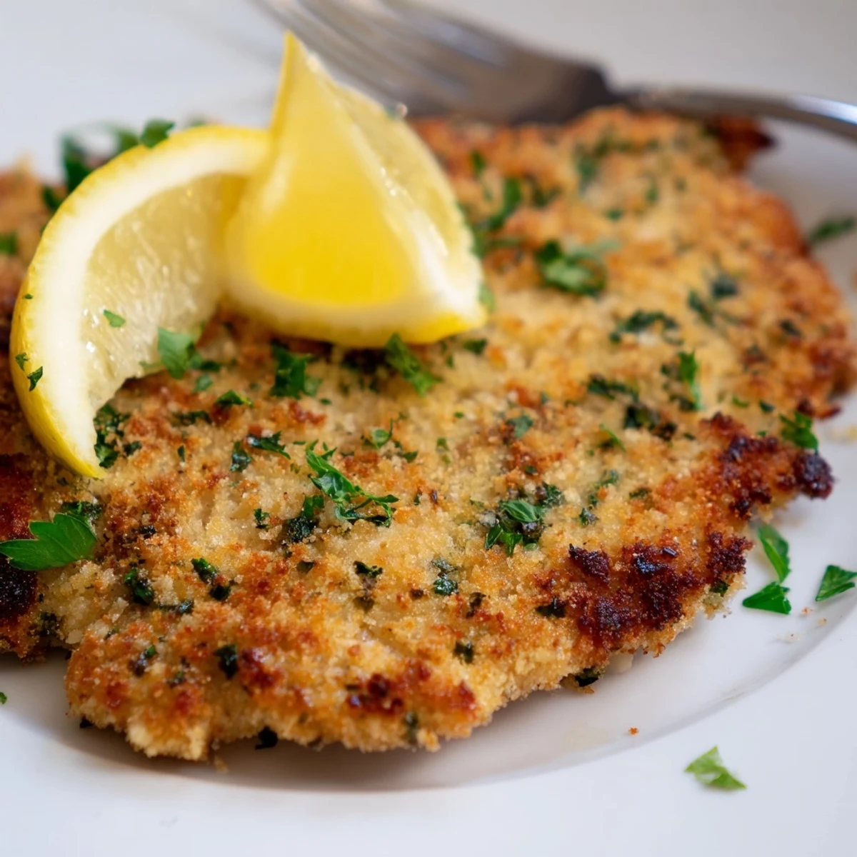 Crispy Chicken Romano Cutlets sliced on plate, sprinkled parsley, bright lemon wedges.