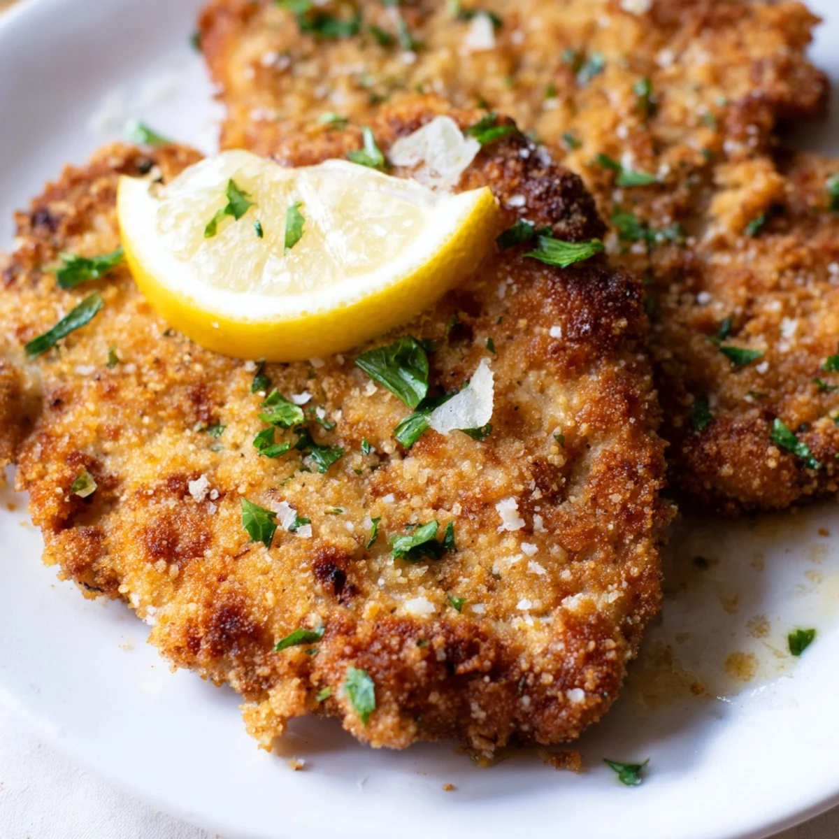 Sizzling Chicken Romano Cutlets resting on paper towels, juicy centers, served with pasta.