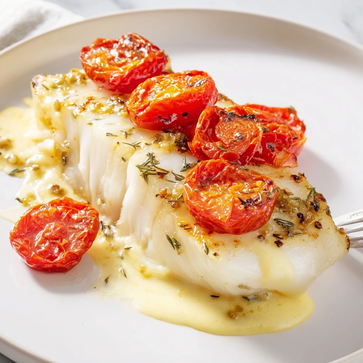 Grilled Cod with Roasted Tomatoes and Creamy Dill Sauce, flaky charred fillets