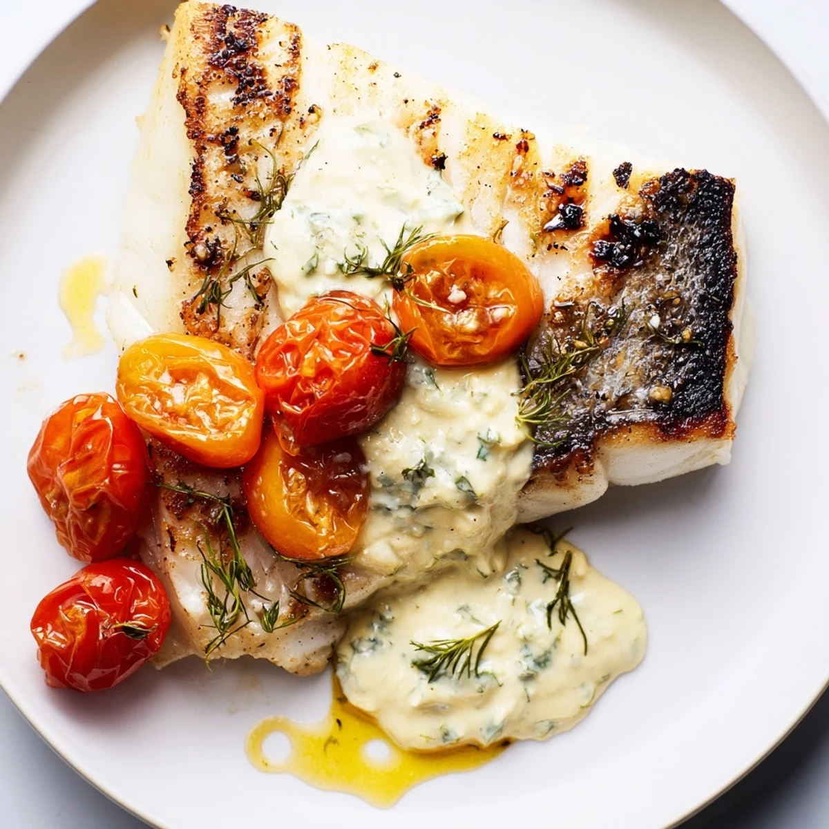 Lemon-zested Grilled Cod with Roasted Tomatoes and Creamy Dill Sauce, bright herb aroma