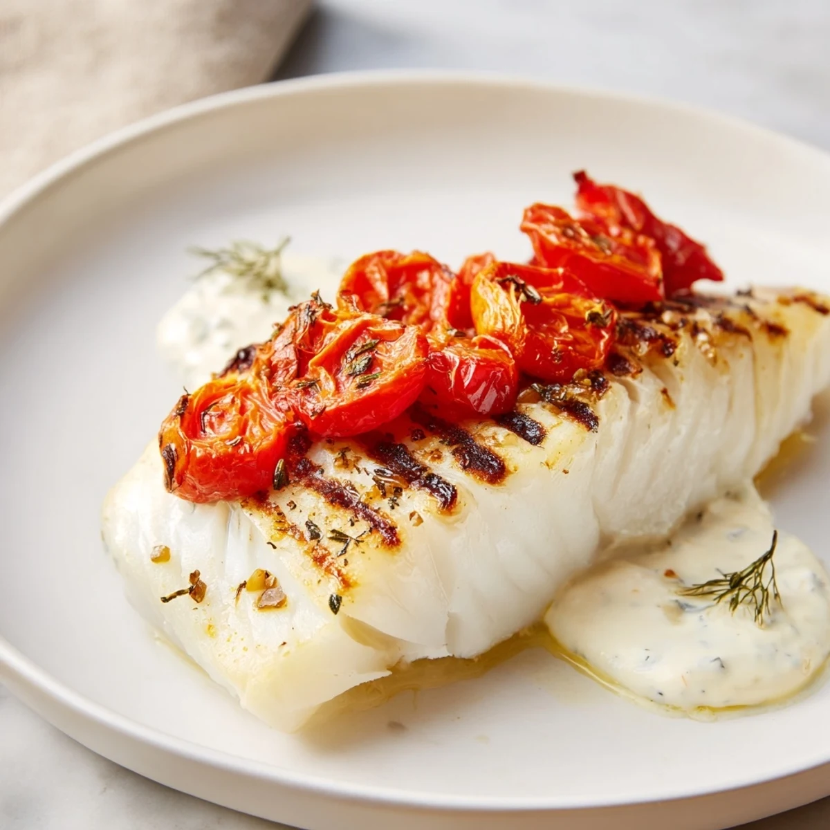 Served warm with asparagus, Grilled Cod with Roasted Tomatoes and Creamy Dill Sauce