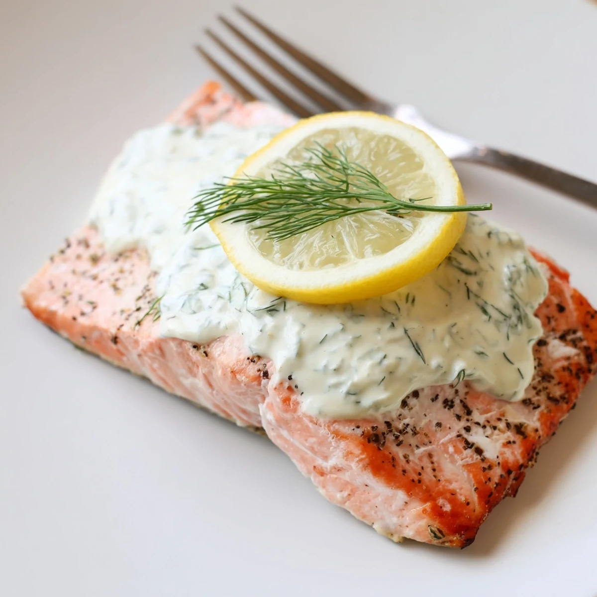 5 Star Baked Salmon in Garlic Dill Sauce, flaky fillet topped with creamy sauce