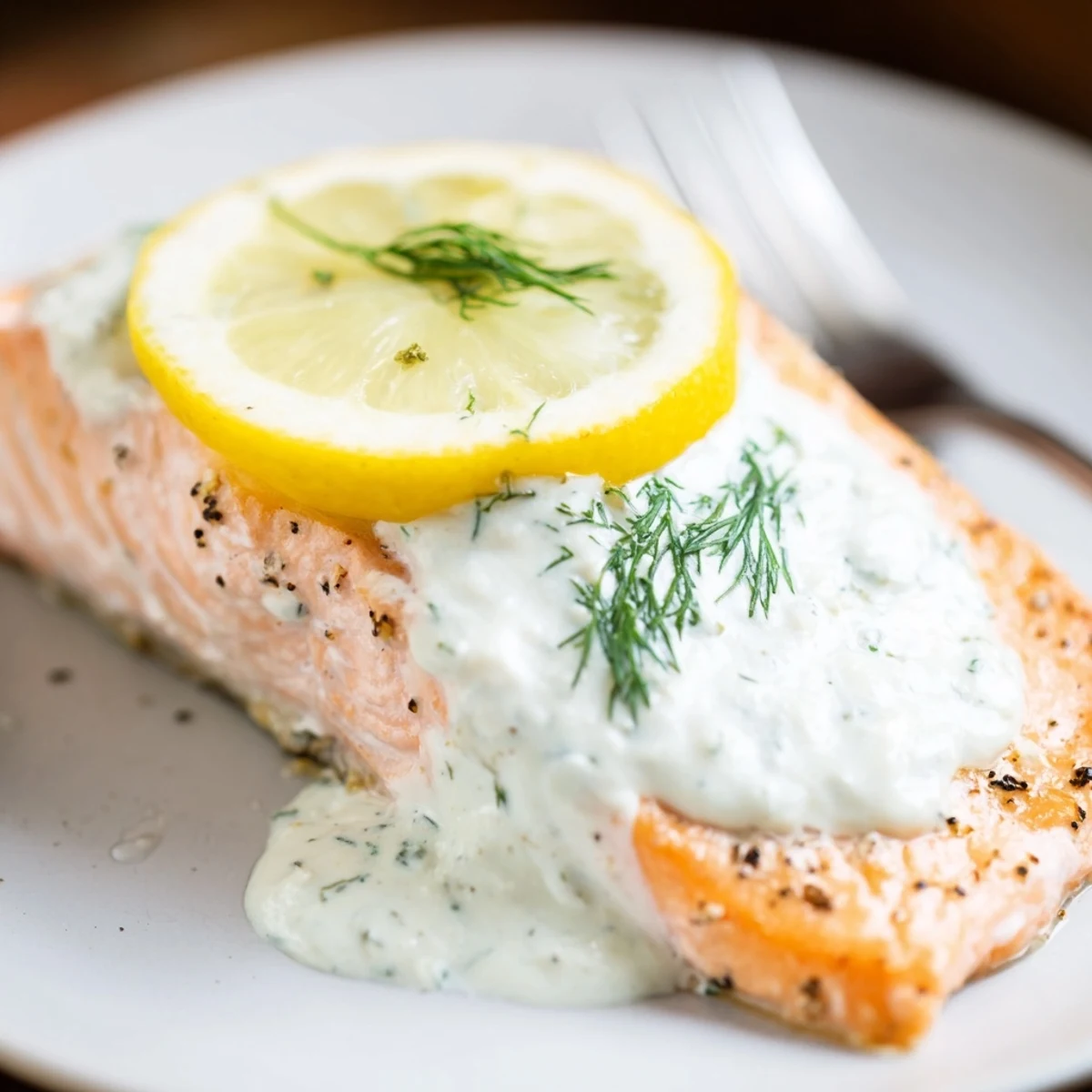 Easy weeknight 5 Star Baked Salmon in Garlic Dill Sauce with steamed asparagus