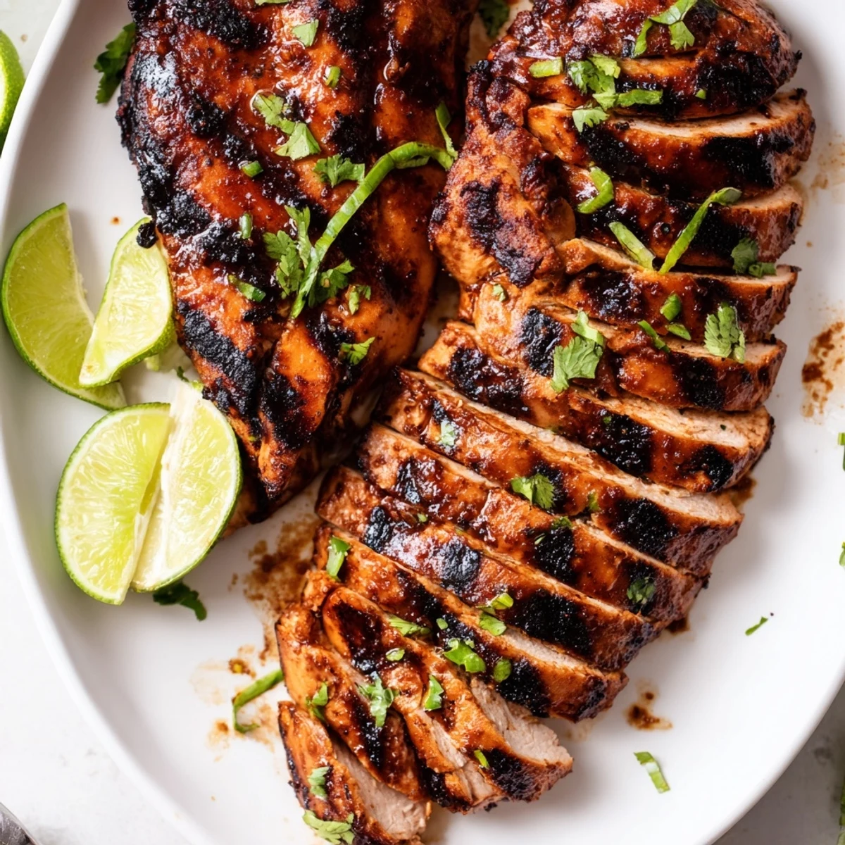 Grilled Chili Lime Chicken with charred edges, juicy interior and lime wedges.  