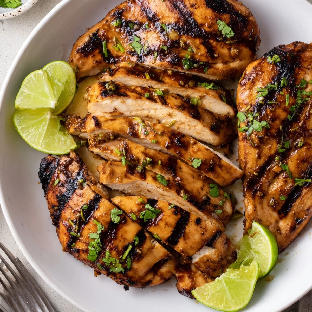 Marinated Chili Lime Chicken resting sliced on plate, cilantro and smoky aroma.  