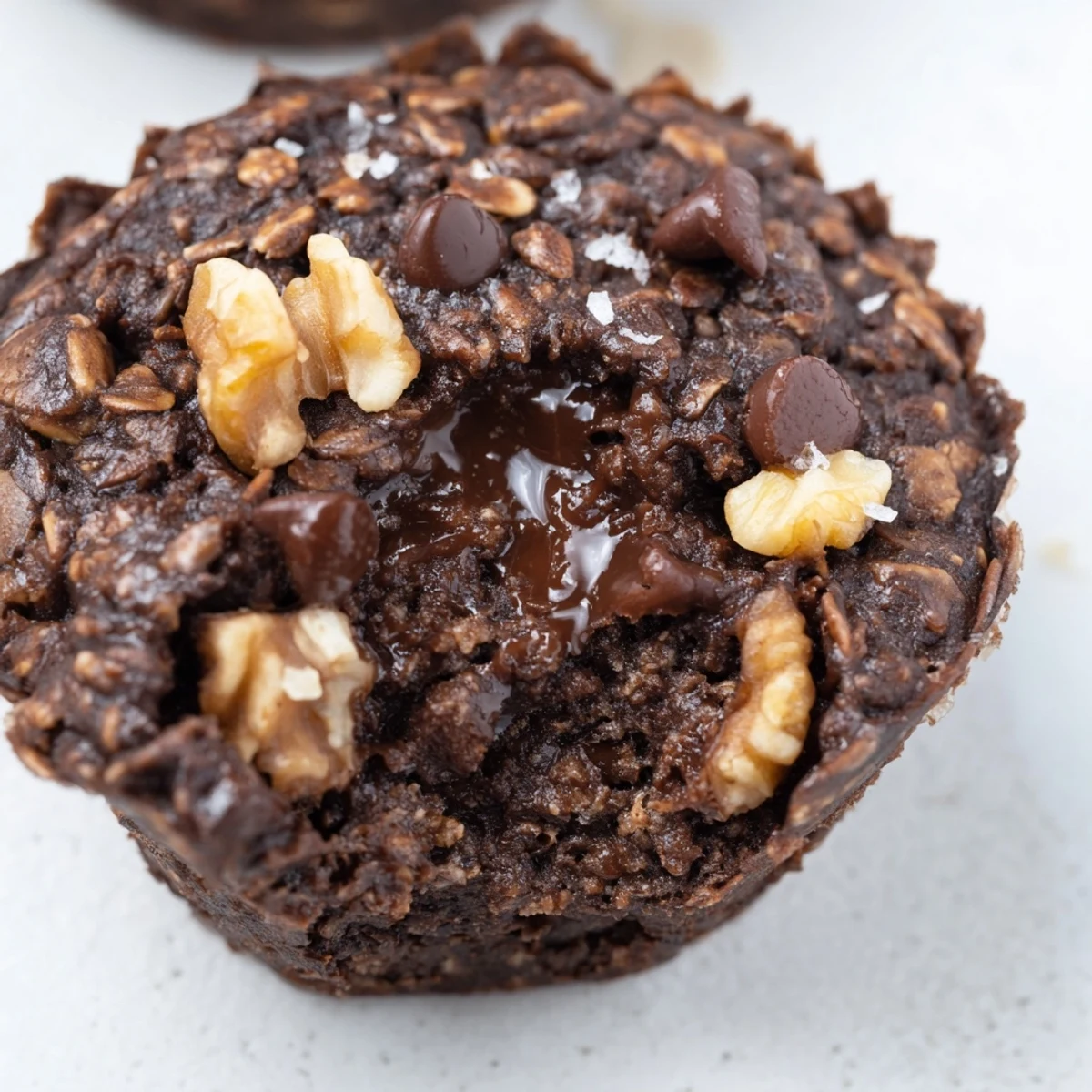 Dark chocolate oatmeal cups with melted chips and chopped walnuts in a muffin tin