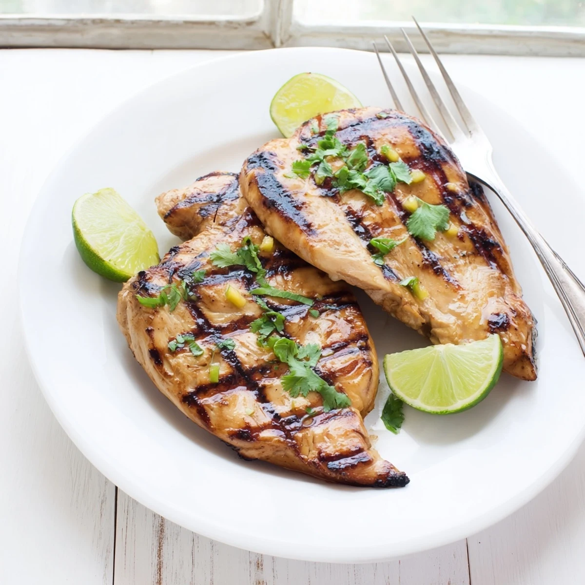 Golden grilled mango lime chicken breasts garnished with fresh cilantro and lime wedges on a white plate