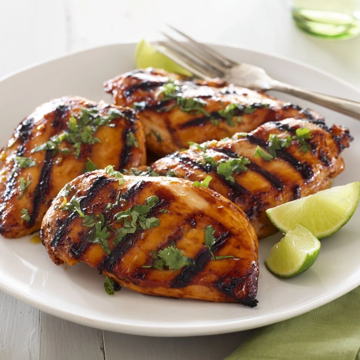 Juicy chicken thighs glazed with tropical mango lime marinade showing attractive grill marks and vibrant garnish