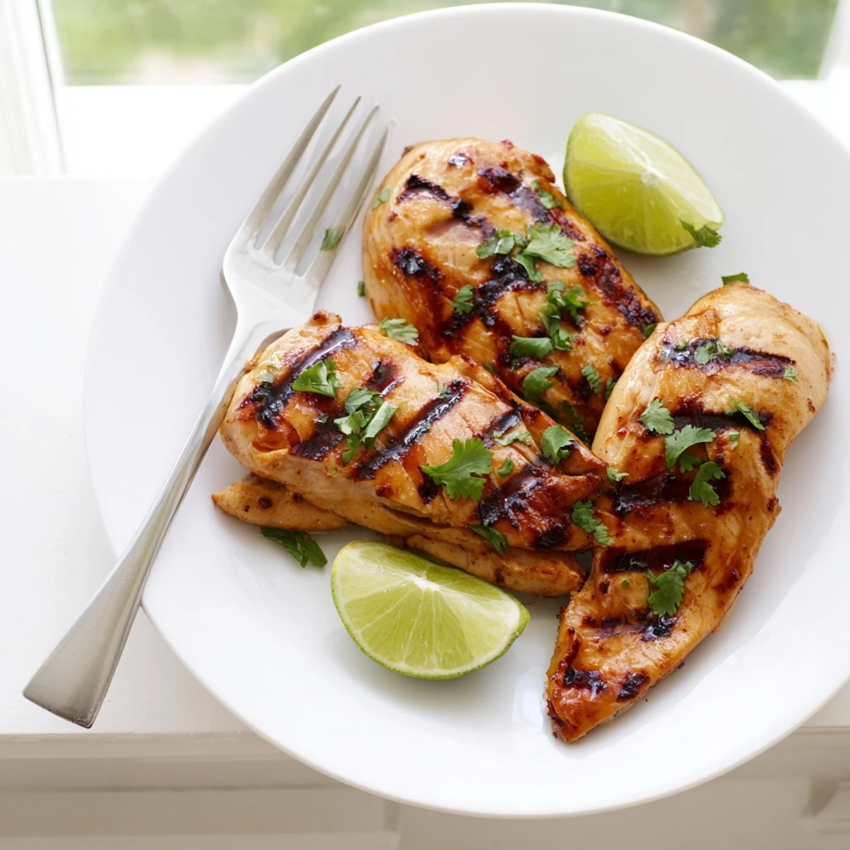 Summer grilled mango lime chicken resting on a platter with charred grill lines and zesty lime accents