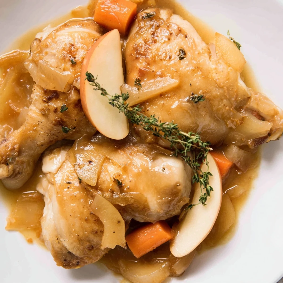 Rustic Dutch oven filled with tender chicken, vegetables, and tart apples in a rich Calvados cream sauce for authentic French Chicken Casserole à la Normande