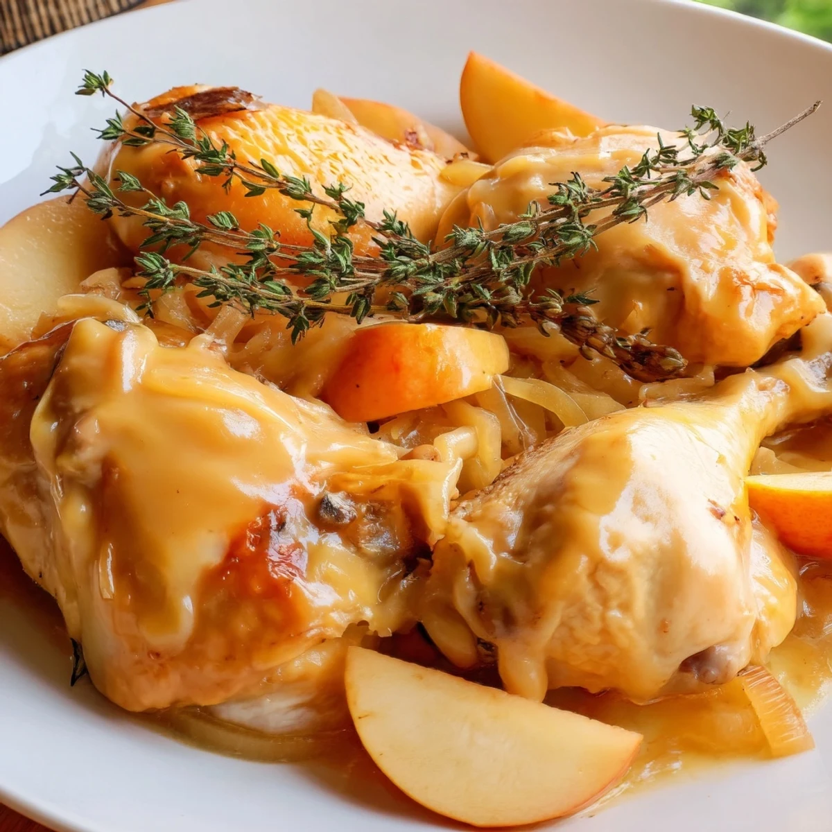 Golden brown chicken thighs simmered in creamy cider sauce with caramelized apple slices in this French Chicken Casserole à la Normande