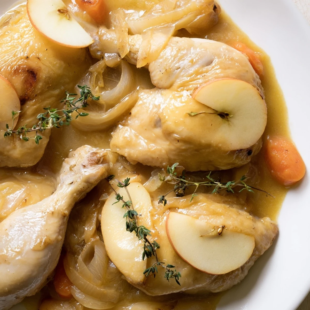 Finished French Chicken Casserole à la Normande garnished with fresh thyme, featuring moist chicken pieces in a velvety apple-infused cider sauce