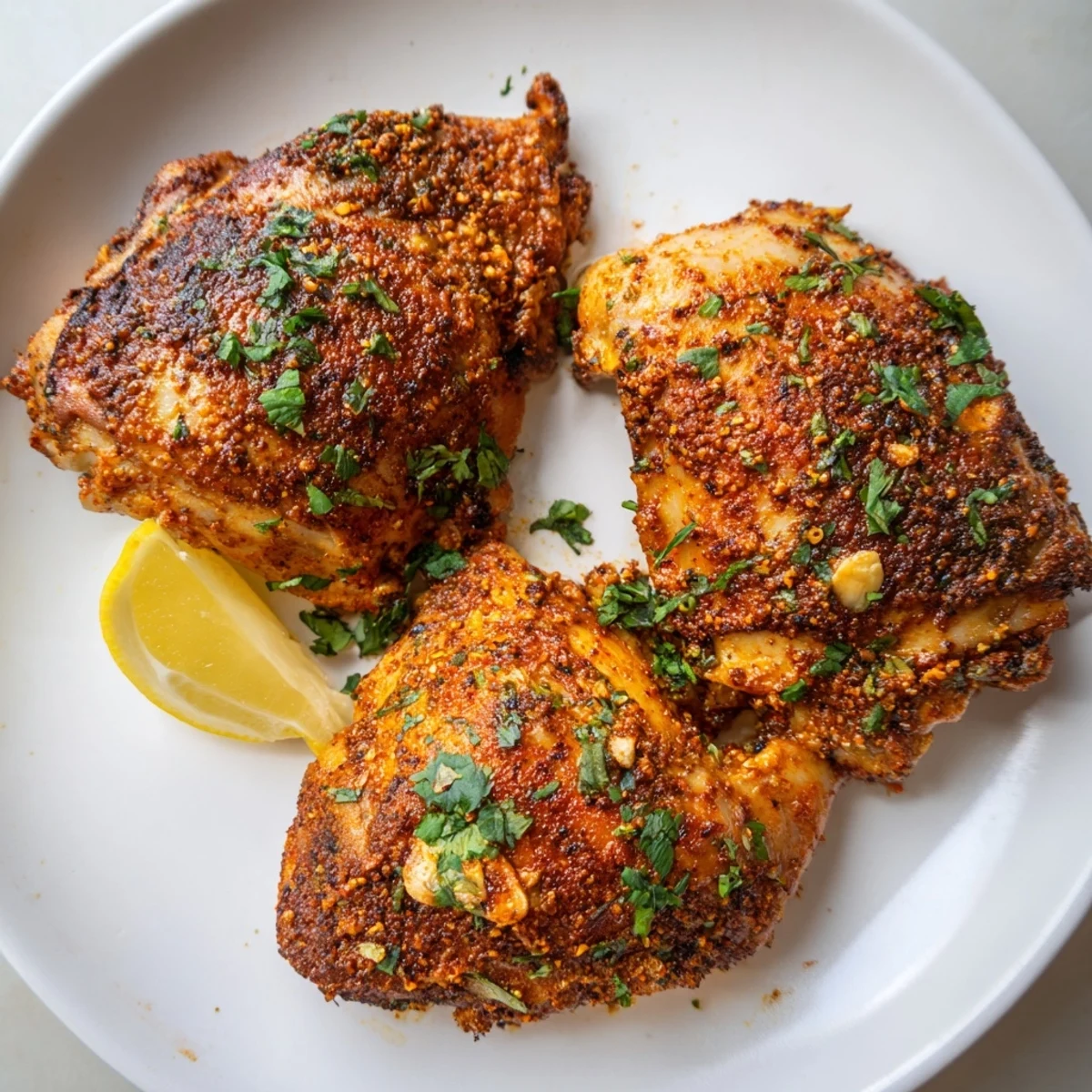 Juicy chicken thighs marinated in fragrant Moroccan spices, roasted until crispy and garnished with lemon wedges and herbs