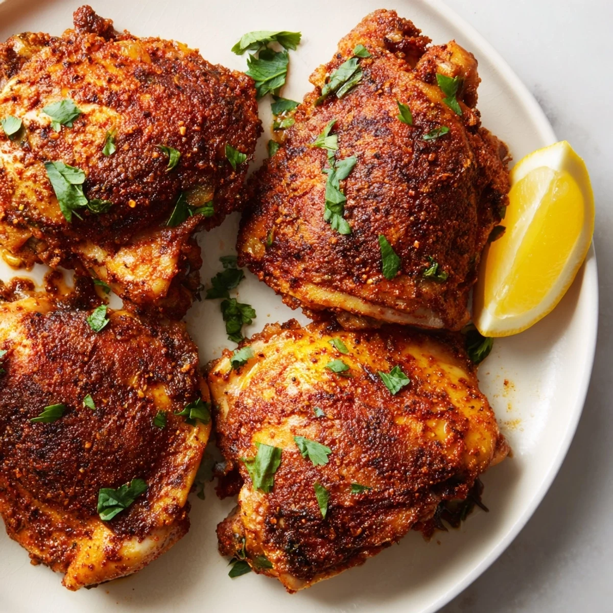 Golden roasted Moroccan spiced chicken thighs with crispy, charred skin and fresh cilantro garnish on a white serving platter