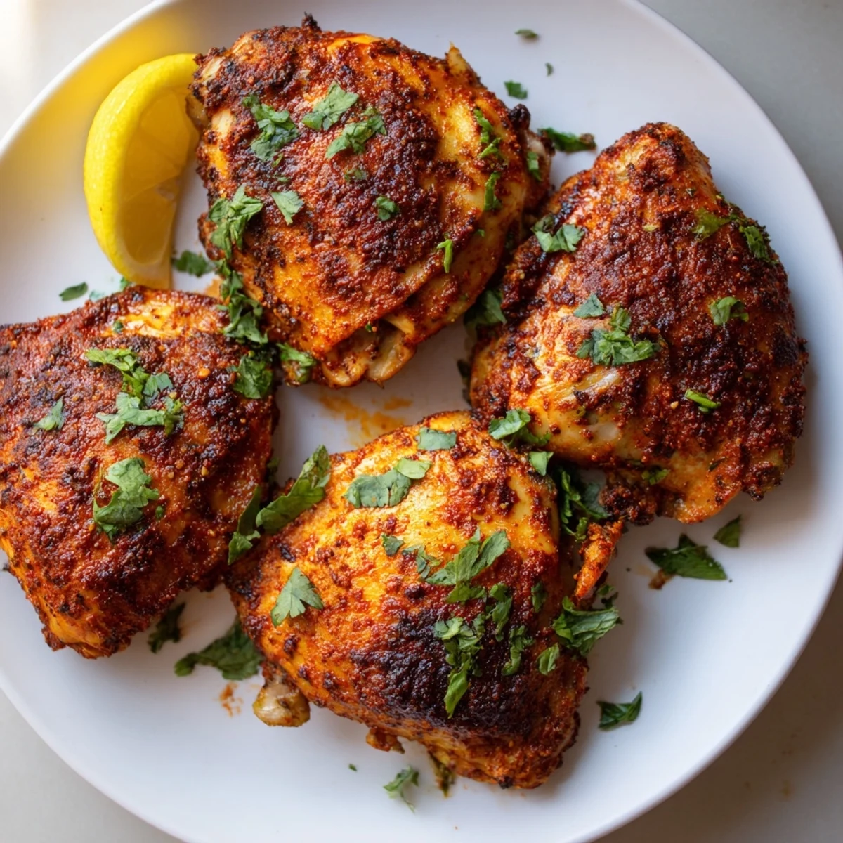 Oven-roasted Moroccan spiced chicken thighs featuring smoky paprika and cumin, served with bright citrus wedges for a complete dinner