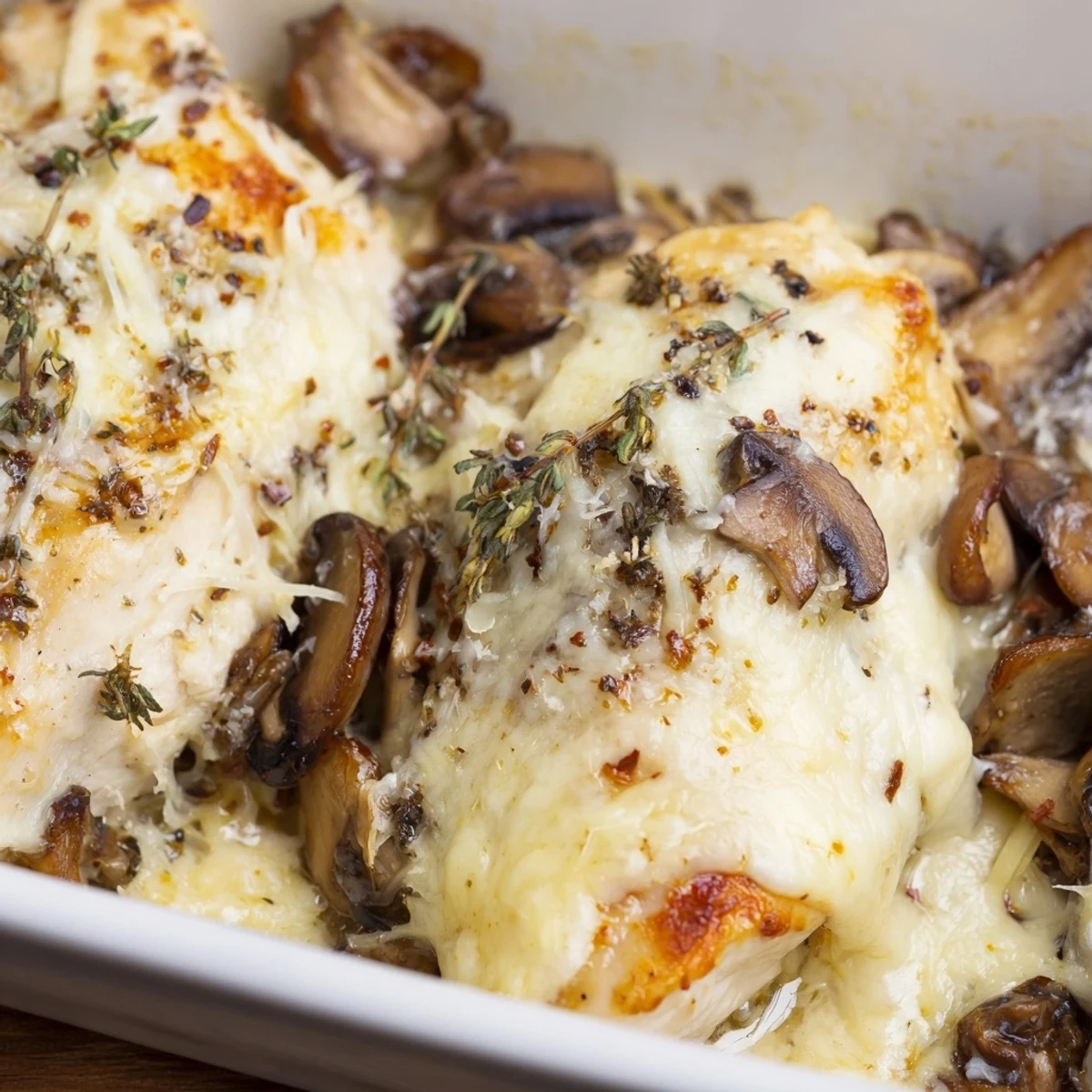 Golden cheesy baked chicken with mushrooms fresh from the oven, bubbling with melted mozzarella and savory seasonings
